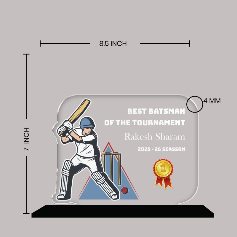 Best Batsman of The Tournament Personalized Cricket Theme Award Trophy  UV Printed Acrylic Trophy | Cricket Tournament Award for Sports & School Competition